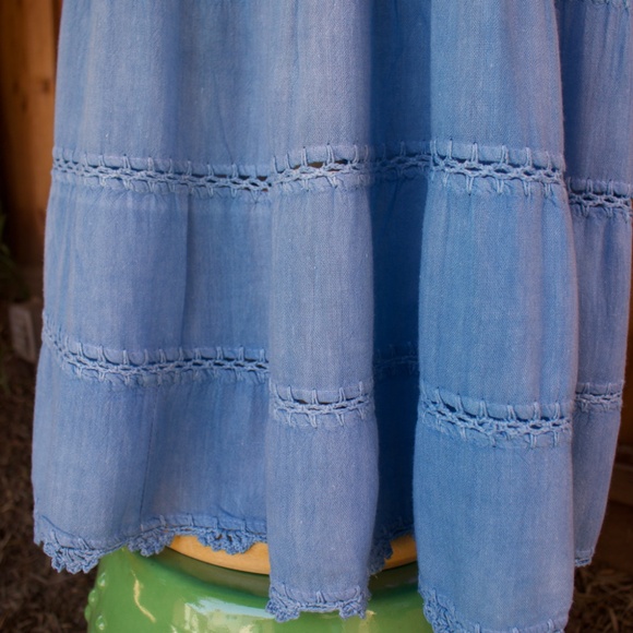 Vintage 70's Boho Handmade 100% Cotton Knit/Crochet Blue Midi Tiered Dress - Picture 13 of 17